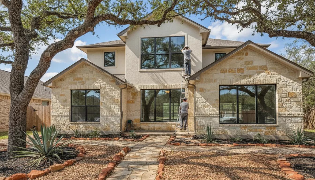 Modern energy-efficient replacement windows installed on a Texas home exterior with bright sunny sky and professional curb appeal
