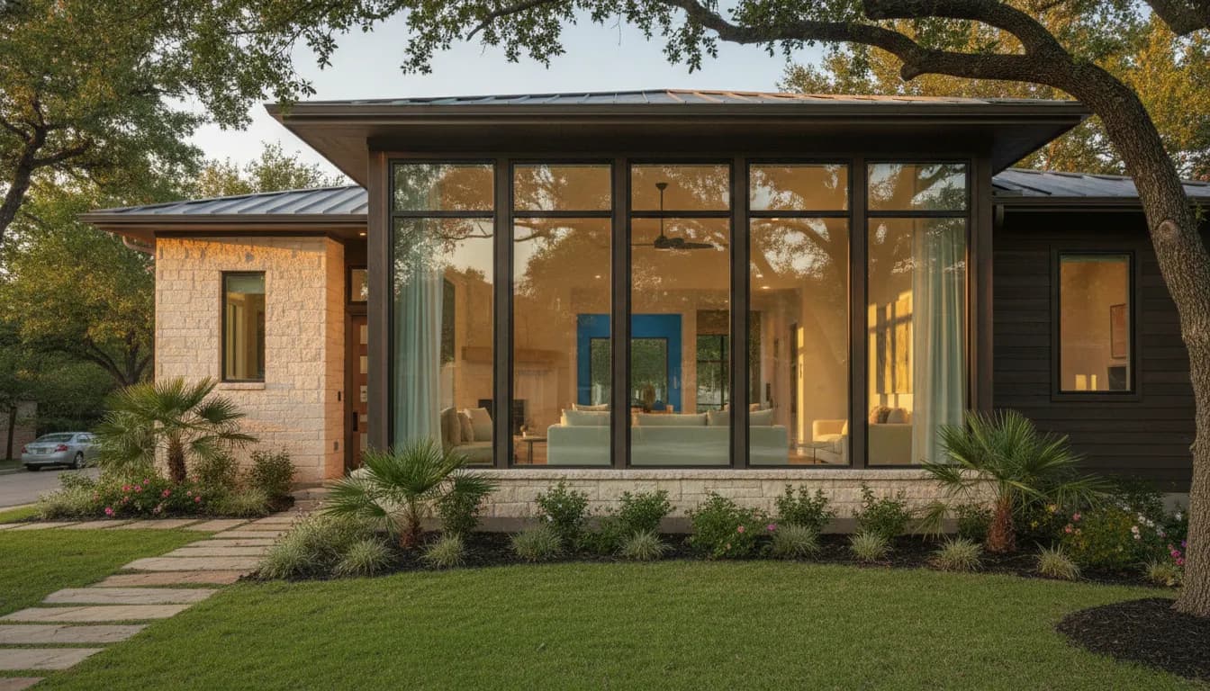 Modern Texas home with energy-efficient windows in summer sunlight, Dallas neighborhood