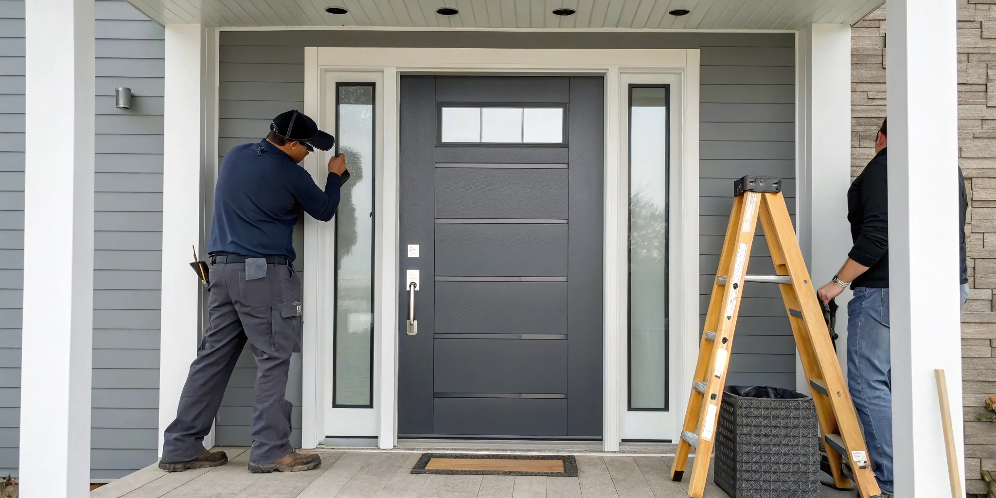 Contractors performing a professional front door replacement.