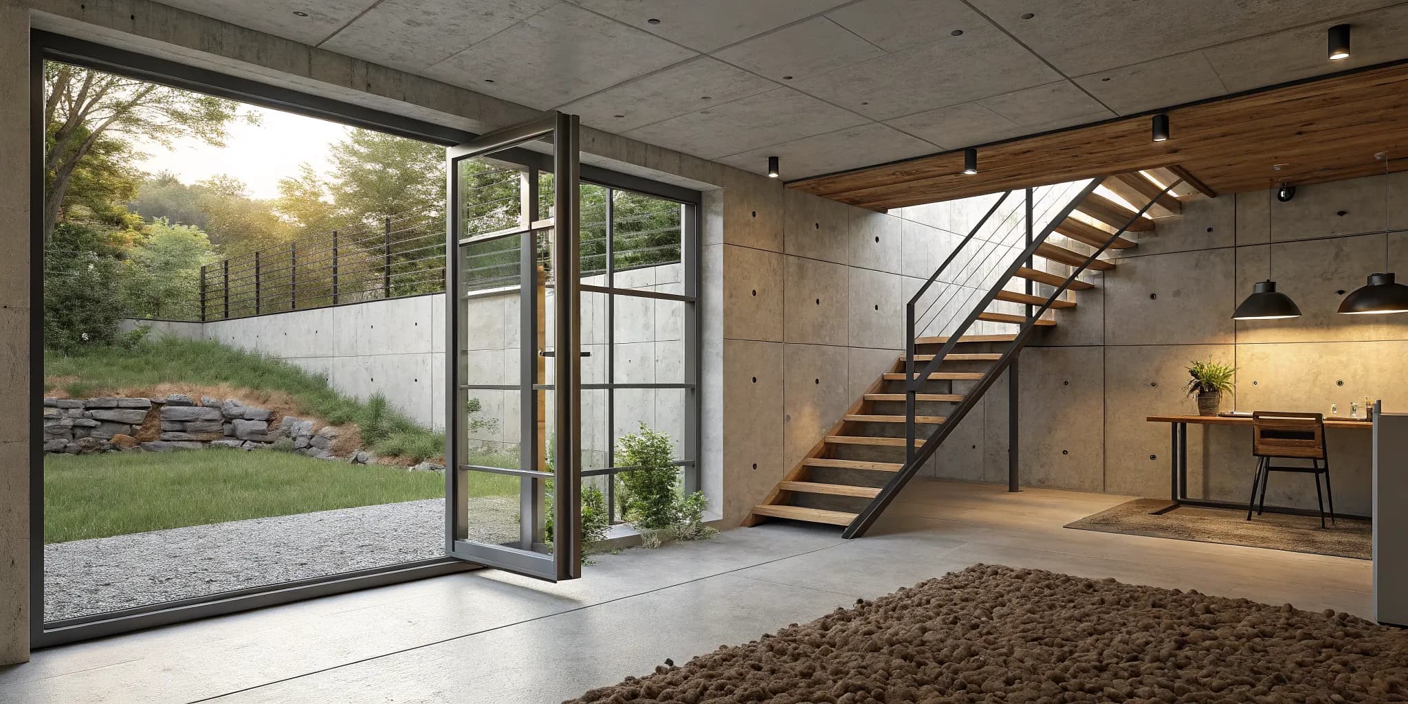 Basement egress window with a window well and steps providing a safe, code-compliant exit.