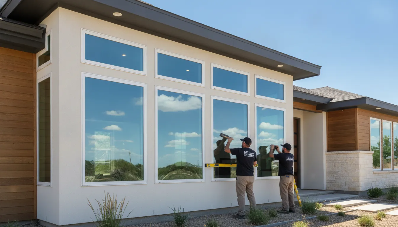Modern energy efficient double-pane windows installed on a Dallas Texas home with reflective Low-E glass