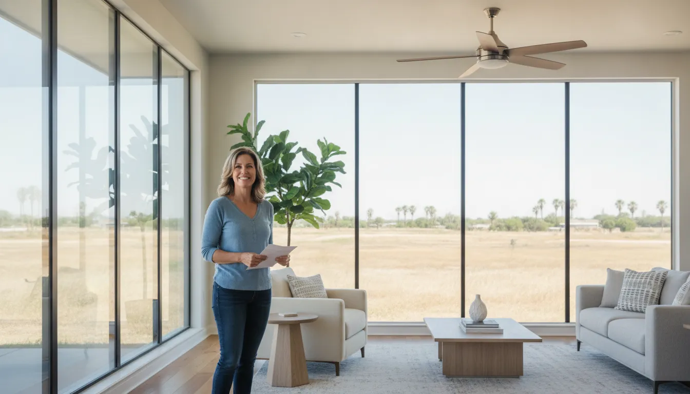 Homeowner standing by energy-efficient windows in a bright Dallas living room with a ceiling fan, comfortable indoor atmosphere during summer