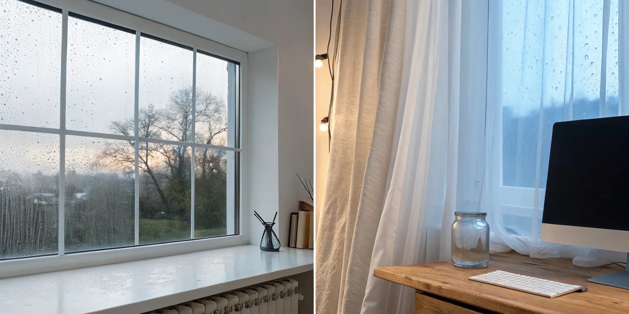 A window with condensation highlights how much energy efficient windows save on home energy bills.