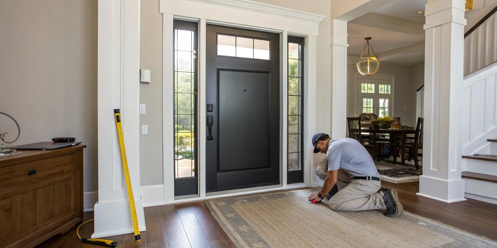 A professional installs a new front door, a major part of the total replacement cost.