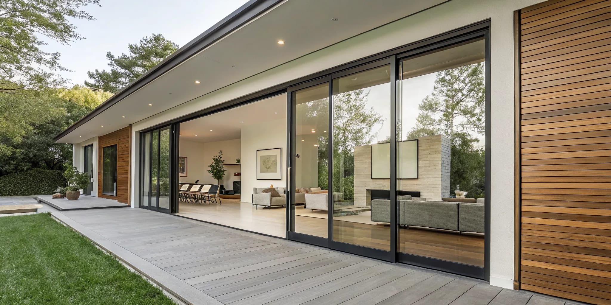 Large exterior sliding glass doors on a modern home opening to a deck.