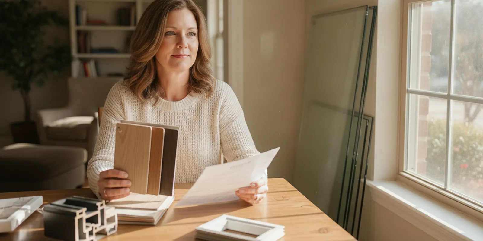 Homeowner reviewing window options and a written replacement estimate at a bright Dallas-Fort Worth home