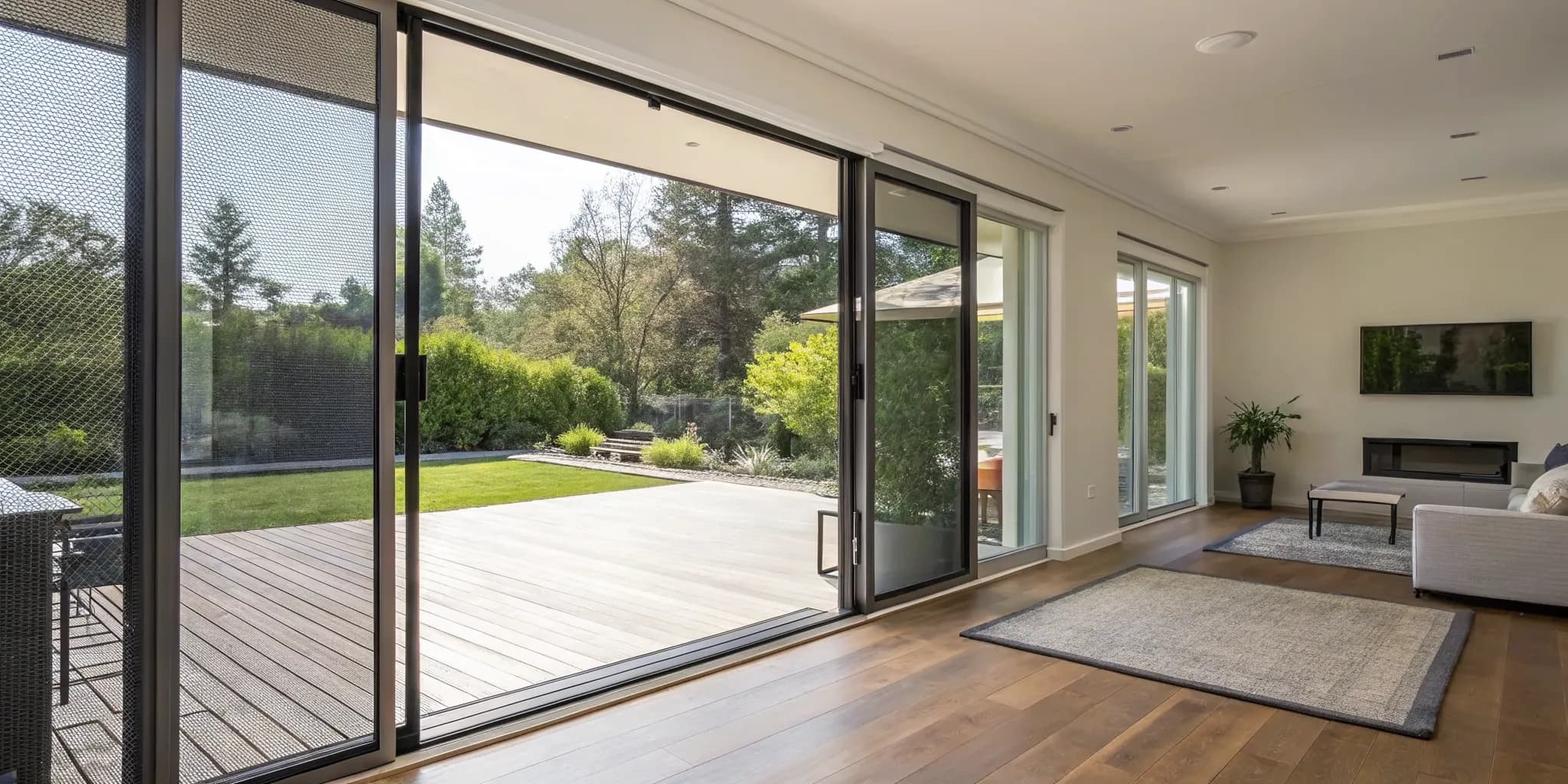 A retractable screen door installed on double patio doors, opening to an outdoor living space.