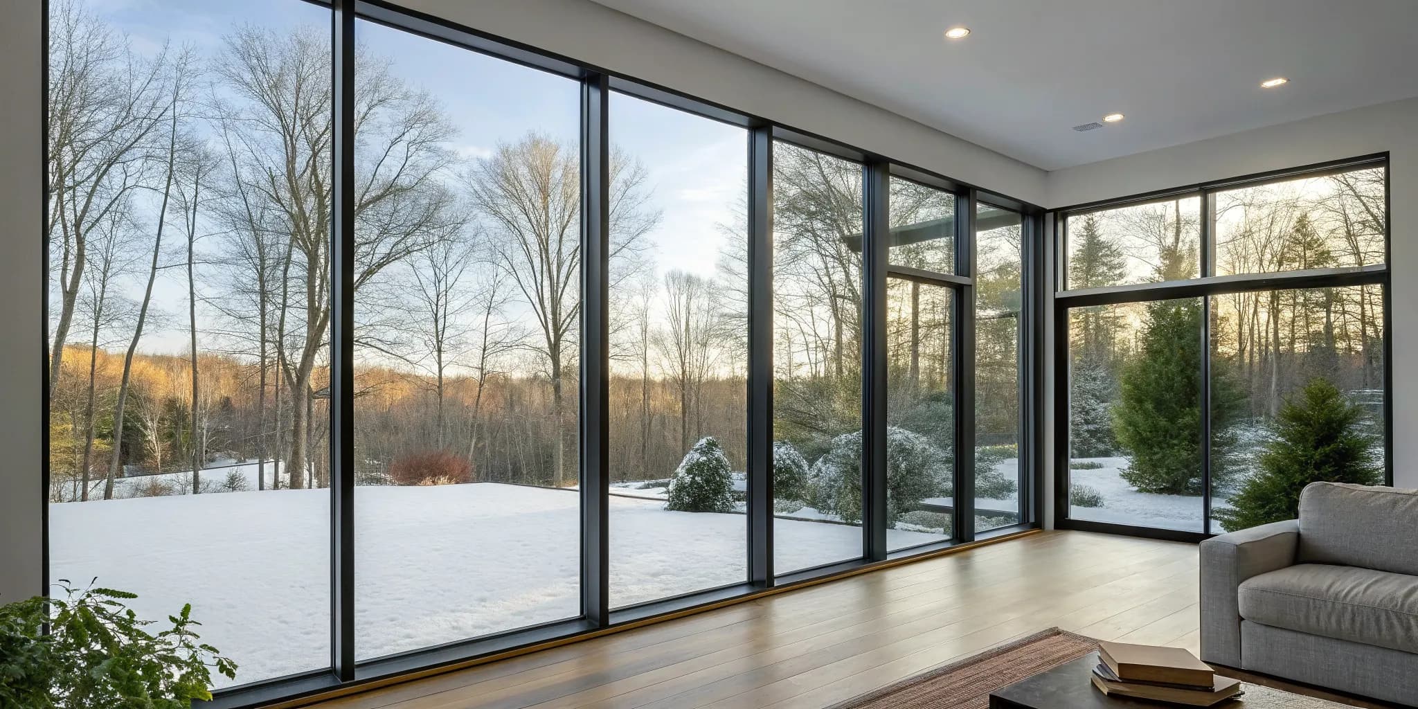 Energy efficient windows for homes with large, floor-to-ceiling glass and modern frames.