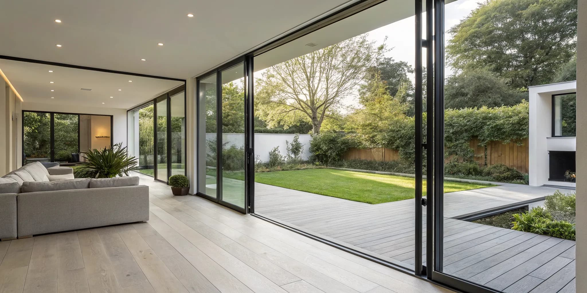 Large sliding patio doors in a modern living room open to a backyard deck.