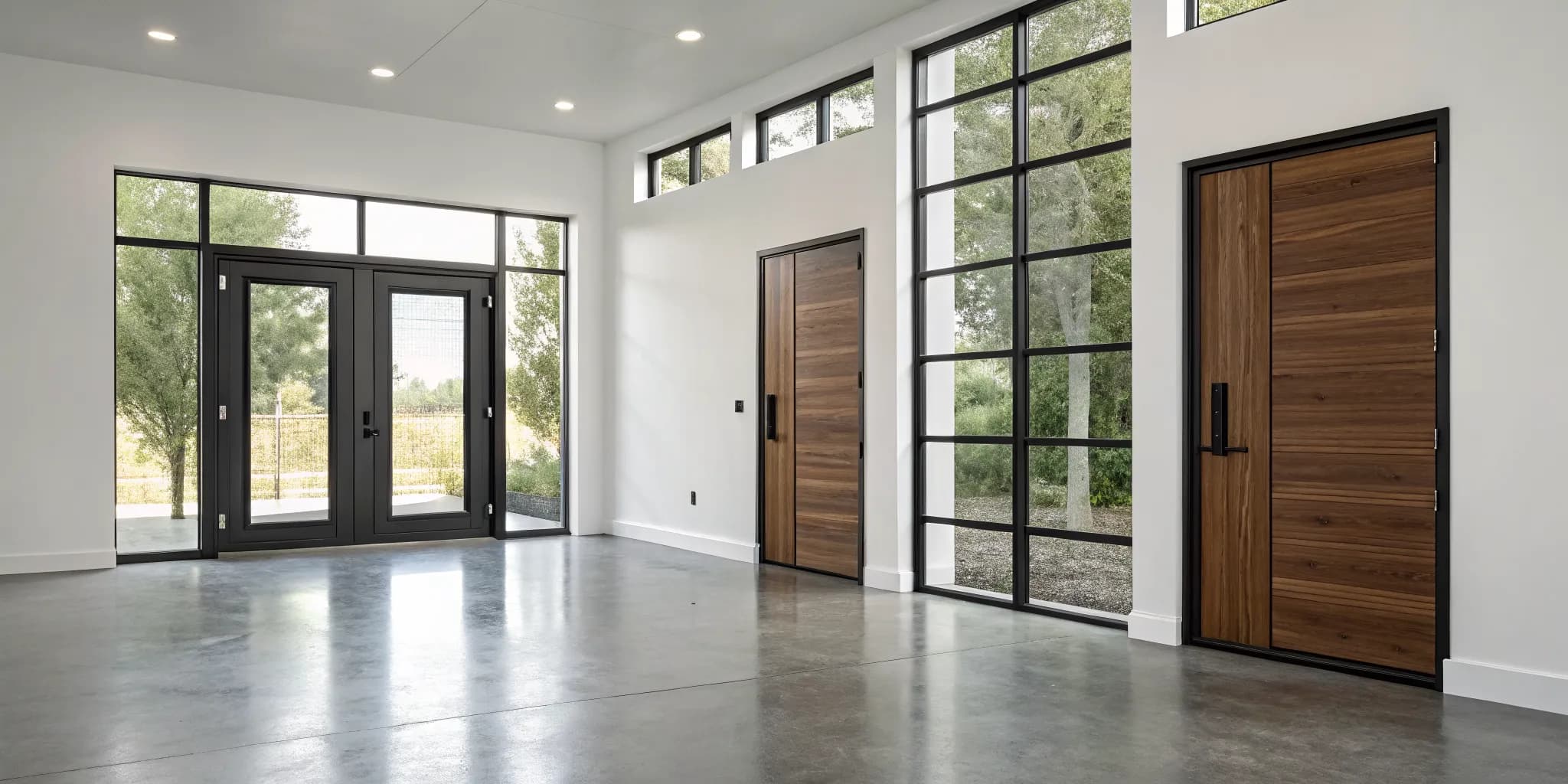 Modern wood and glass exterior doors chosen for home security and energy efficiency.