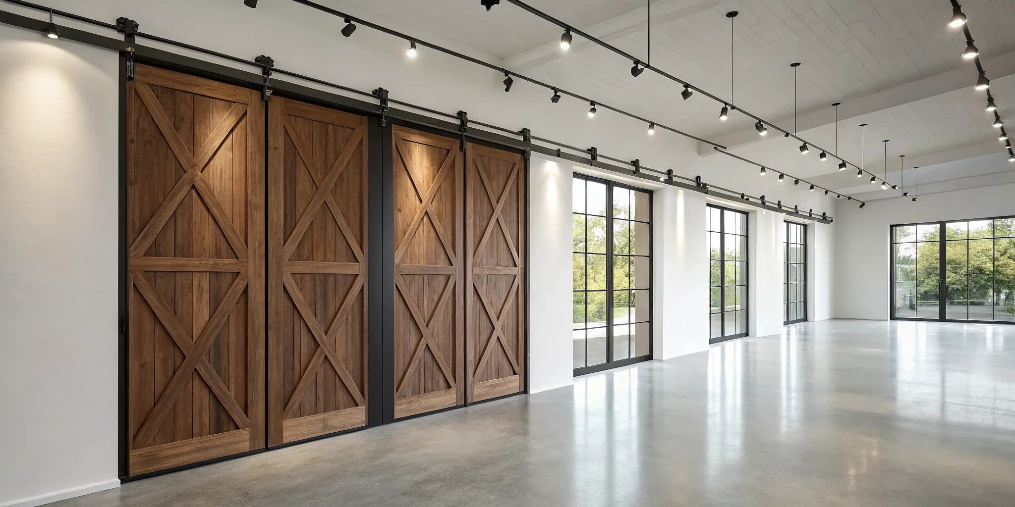 Custom sliding doors with wood panels and black frames in a modern, light-filled living room.