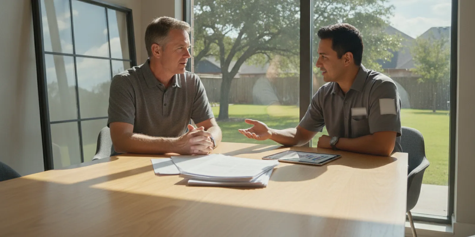 Homeowner reviewing window warranty documents beside a replacement window